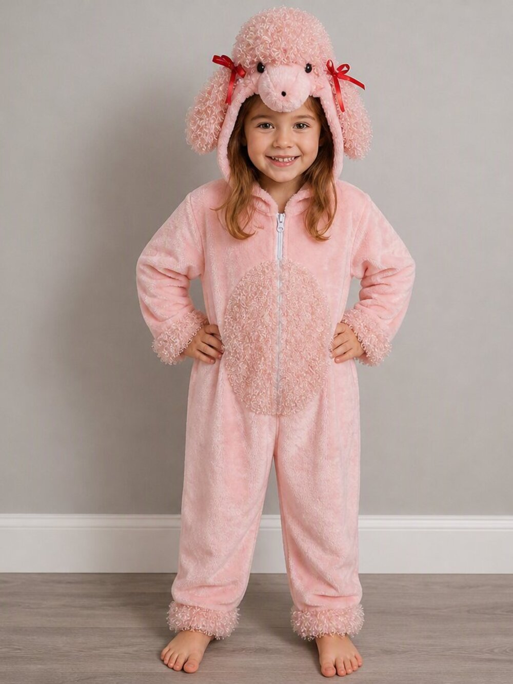 Kids Plush Pink Poodle One-Piece Hooded Costume